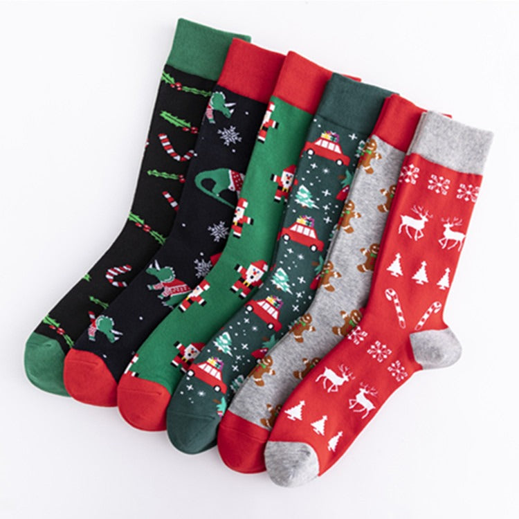 New Colorful Fashion Socks Medium-High Cotton Socks Large Size Christmas Elements Casual Trendy Men's Socks