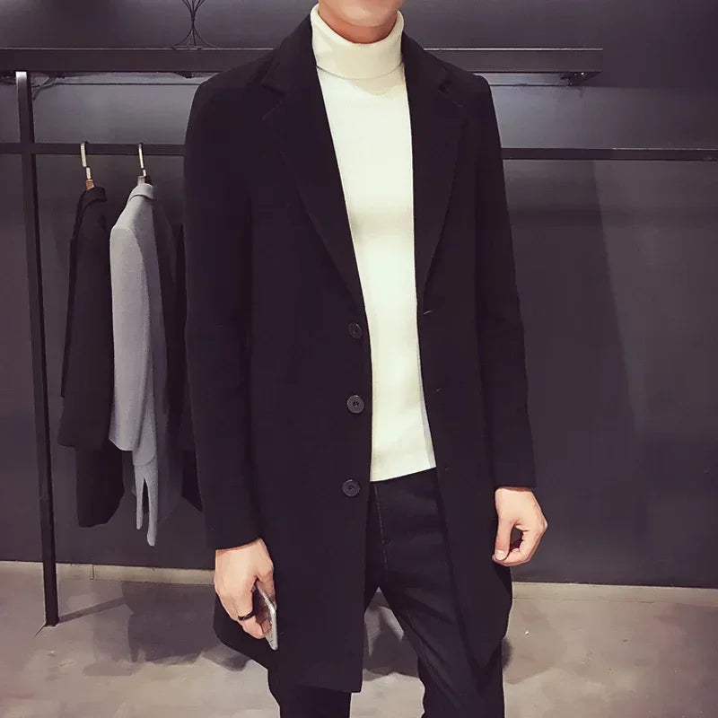 Men's coat, medium long windbreaker, winter slim fit woolen coat, teenage student thick woolen coat