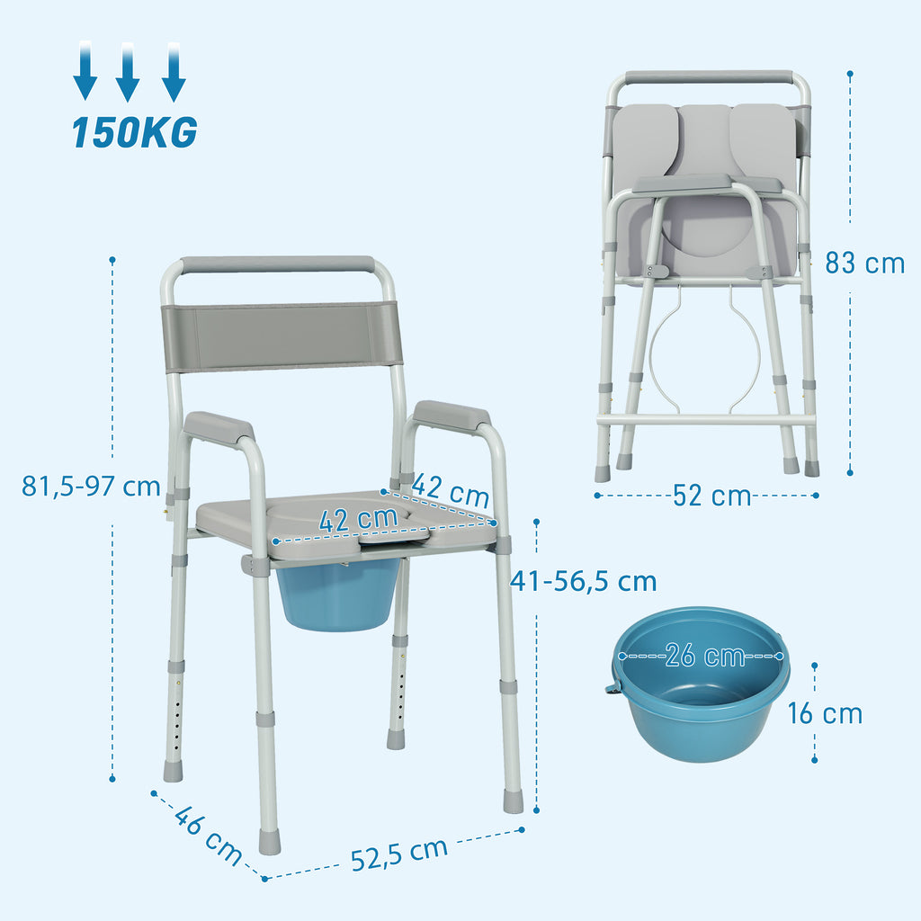 Chaise percée toilette pliable antidérapante hauteur réglable, siège et accoudoirs rembourrés, charge 150 kg, Gris-2