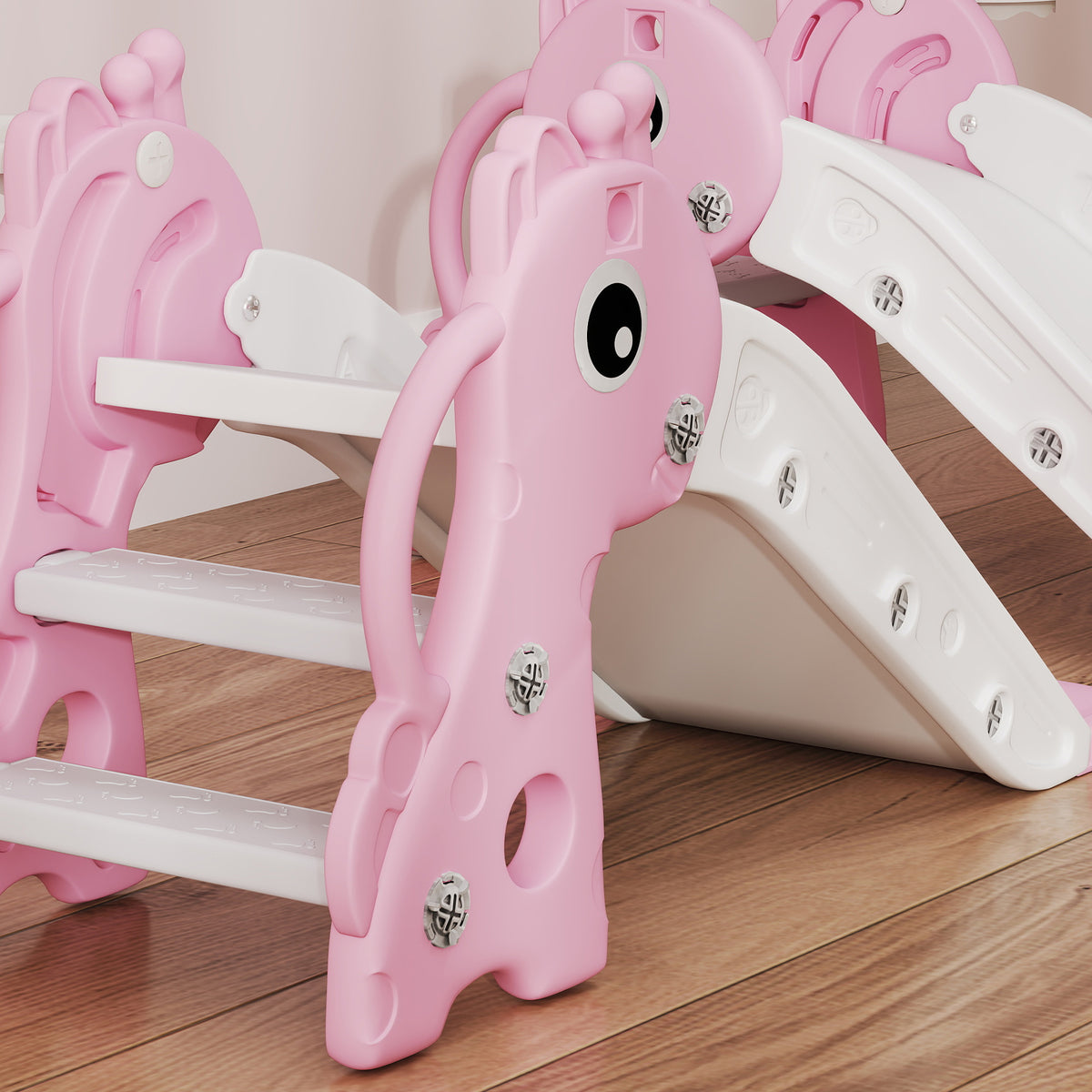 Toboggan pour enfants 3 en 1 en forme de girafe avec panier de basket, escalade et ballon, 106 x 51,5 x 52 cm, rose-7