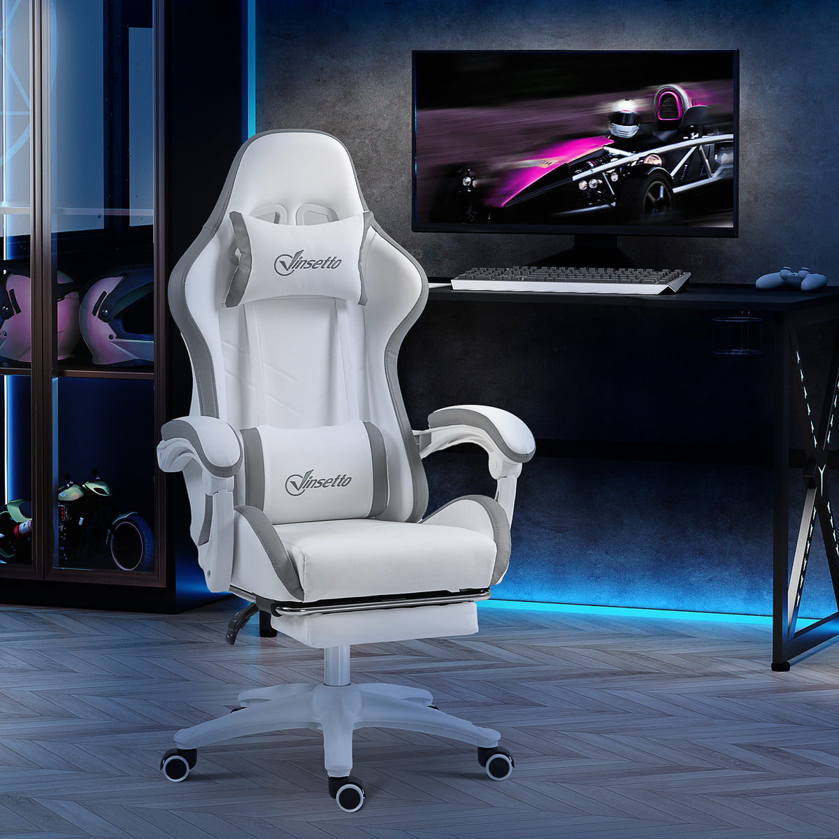 Chaise gaming fauteuil gaming ergonomique avec dossier inclinable à 135° et soutien lombaire, 65 x 65 x 121-129 cm blanc-9
