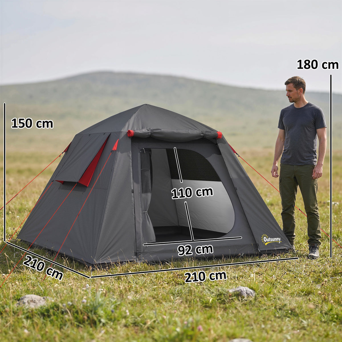 Tente de Camping Dôme 2 Personnes 3-4 Saisons Imperméable 3000mm Montage Facile 2 Portes 210x210x150cm Gris Foncé-2