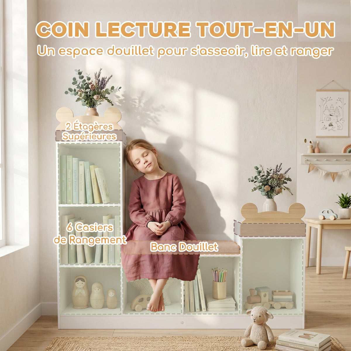 Bibliothèque Enfant, Meuble Rangement Enfant 3 en 1 avec Banc, 6 Compartiments, 2 Étagères, Coussin d'Assise, Blanc-3