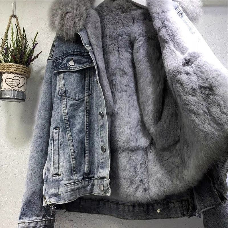 Winter new style plus velvet cotton coat loose Korean style denim fur collar thickened coat for women