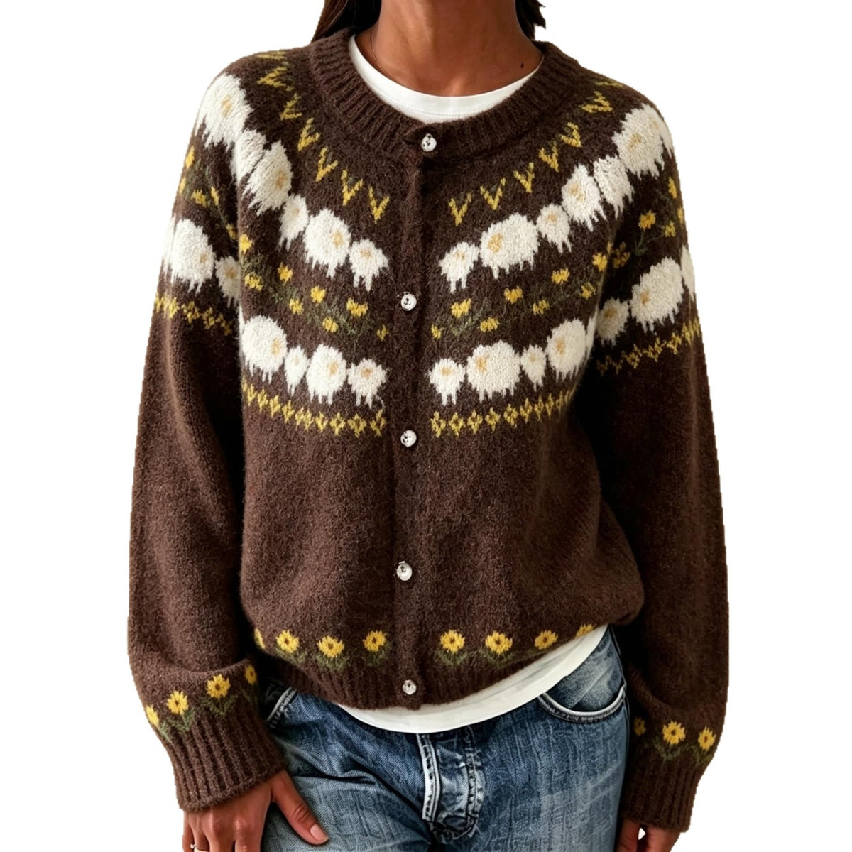 Round neck cardigan long sleeved sweater