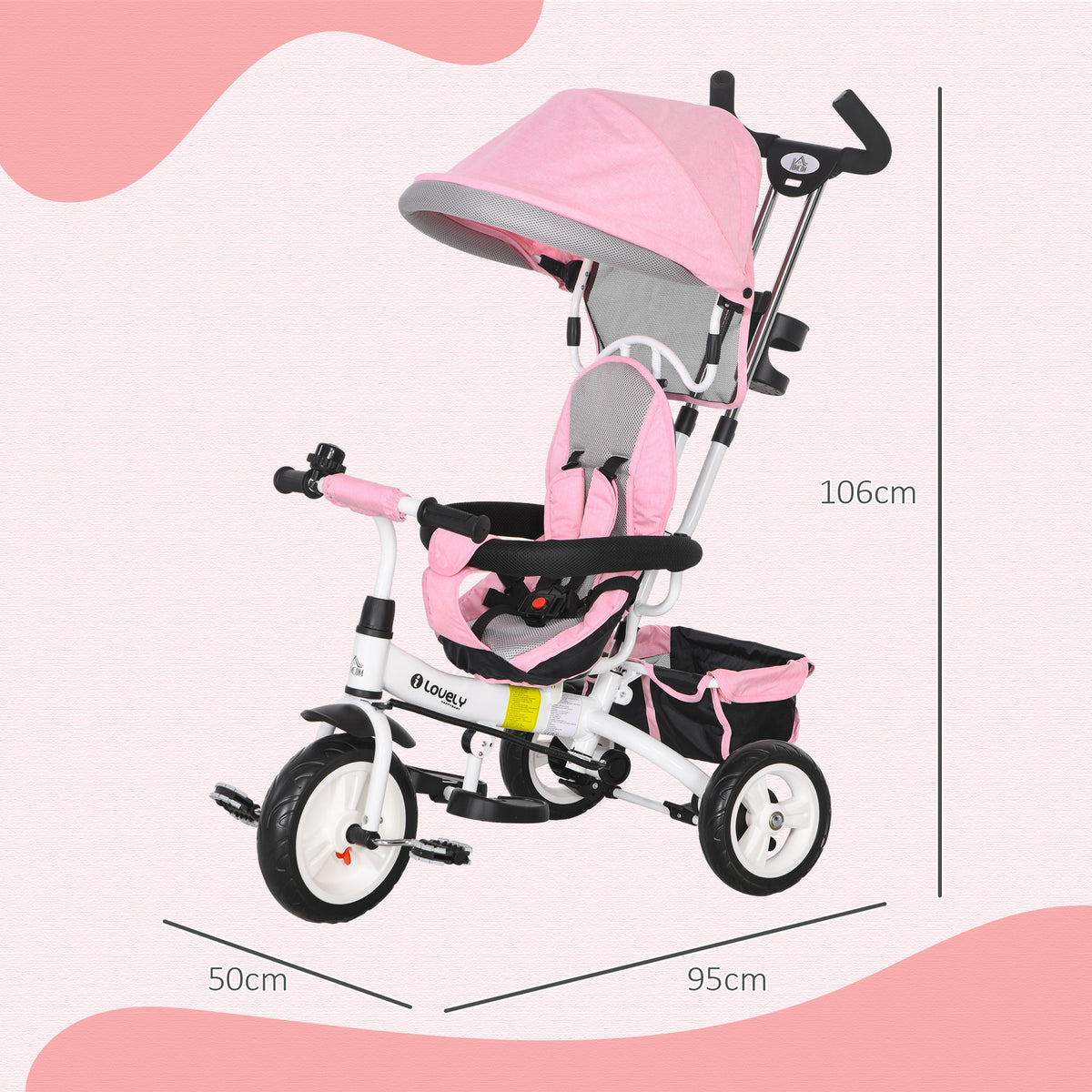 Tricycle Enfant évolutif Pare-Soleil Pliable Canne télescopique Amovible 95 x 50 x 106 cm Acier Rose-2