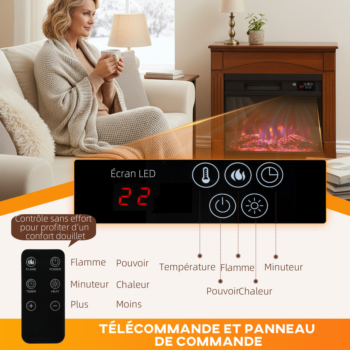 Cheminée électrique 1000W/2000W, fausse cheminée effet flamme 3D à 6 couleurs et 3 luminosités, 68,5x27,5x63cm, marron-7