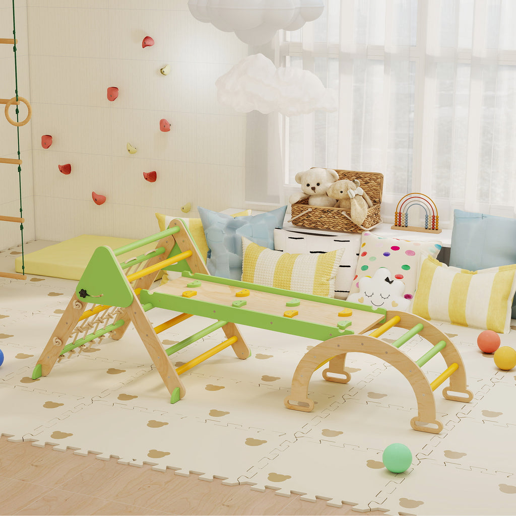 Triangle d'escalade enfants 8 en 1 avec rampe double face, arc d'escalade en bois avec toboggan & échelle, vert-9