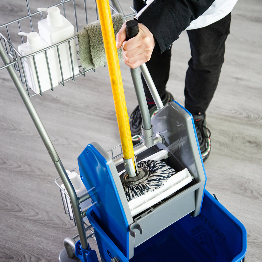 Chariot de ménage chariot de lavage chariot de nettoyage professionnel presse à mâchoire seau 26 L + panier de rangements dim. 73L x 45l x 95H cm bleu-7