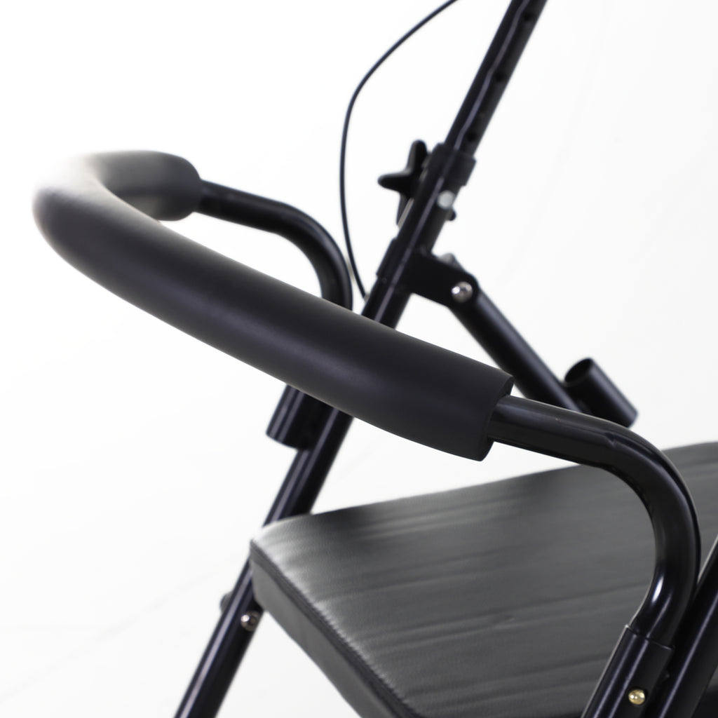 Déambulateur 4 roues - déambulateur pliable léger - assise + dossier rembourré - poignées ergonomiques, freins à main - panier rangement - cale-pied - métal noir-4