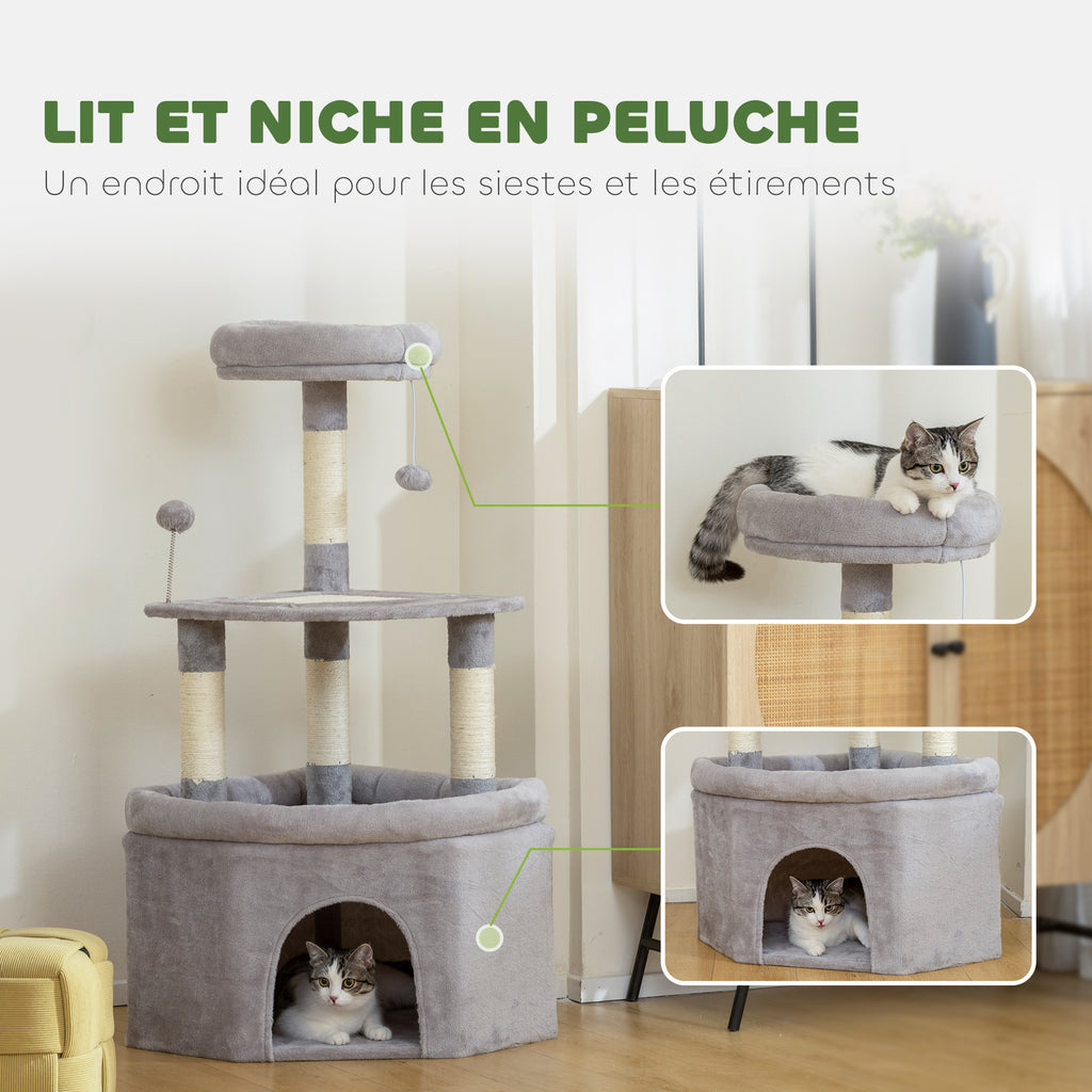 Arbre à chat tour de jeux pour chats griffoirs sisal, plate-forme, niche, tissu peluche, balles, 49x49x114cm gris clair-5
