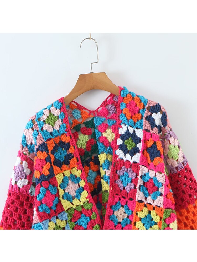 New Fall Women Multicolor Plaid Flower Hand Made Crochet Cardigan Coat Single Button Female Boho Crop Sweater Outerwear