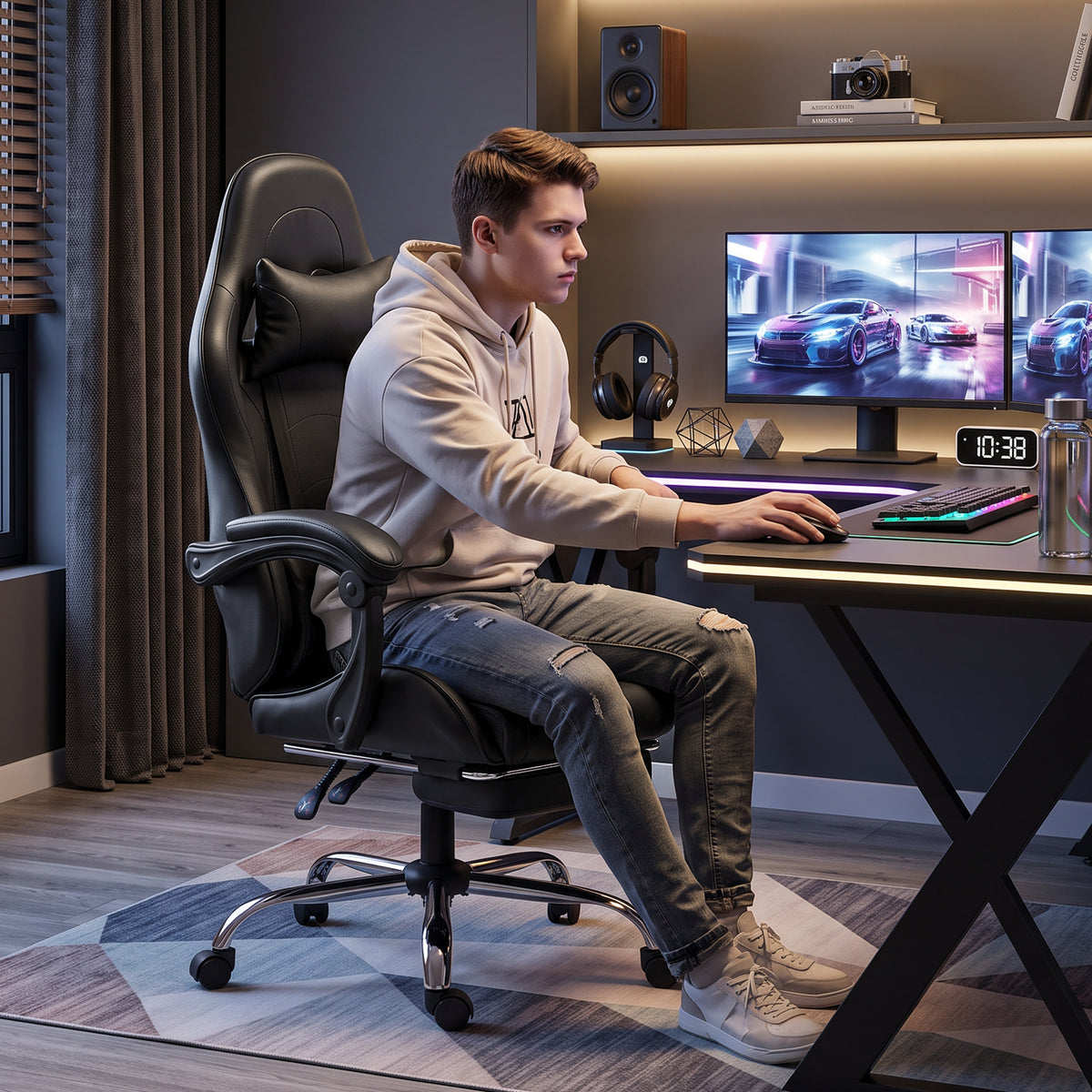 Chaise Gaming Ergonomique avec Coussin Lombaire Massant, Fauteuil Gaming Inclinable en Cuir Synthétique, Noir-9