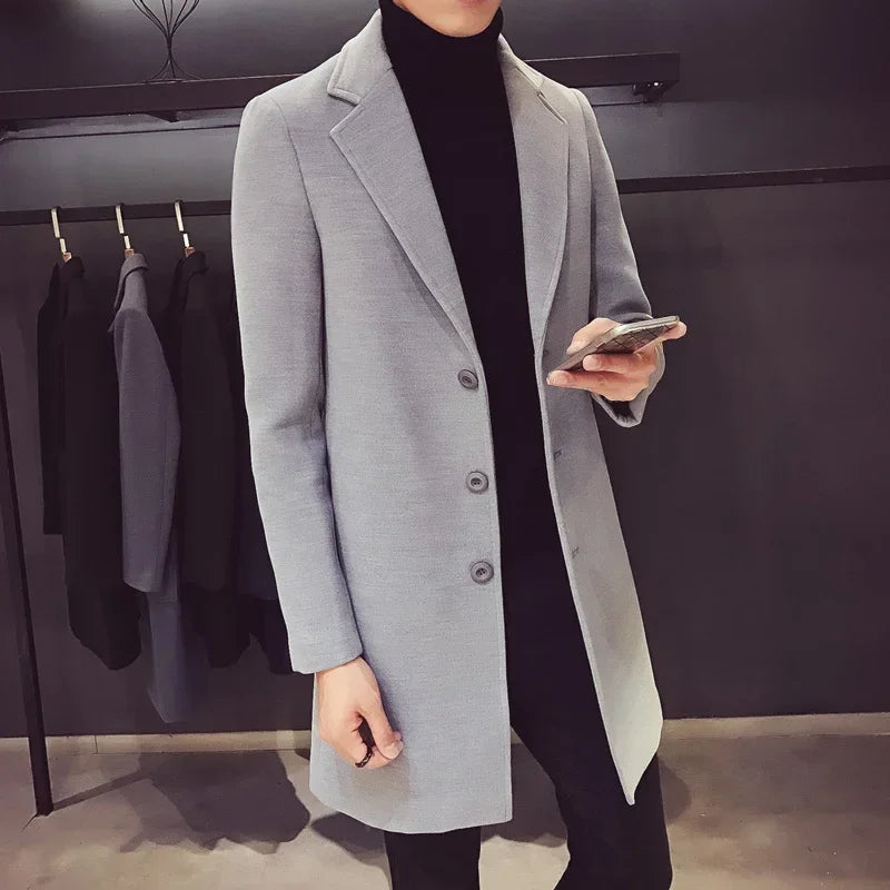 Men's coat, medium long windbreaker, winter slim fit woolen coat, teenage student thick woolen coat