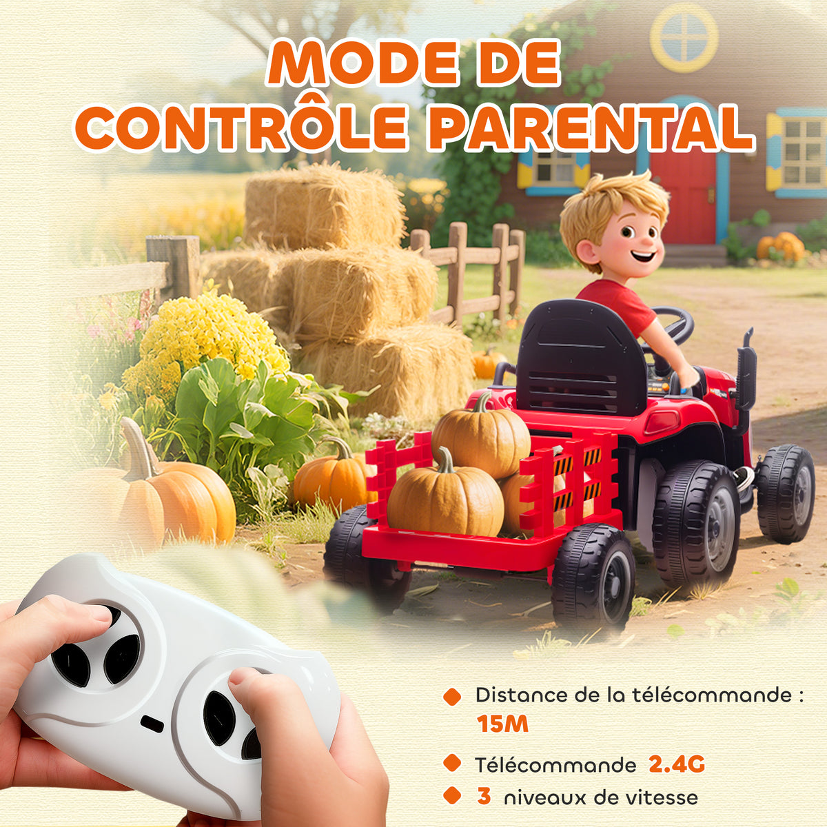 Tracteur électrique enfants avec remorque amovible, voiture électrique enfants, télécommande 2,4G, 139x58x55cm, rouge-5