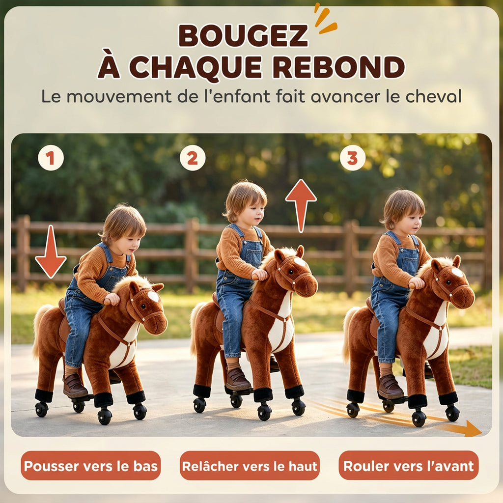 Cheval à Monter pour Enfant, Cheval à Roulettes en Peluche, Sons Réalistes, Poignée, 75 cm de Haut, Marron-5