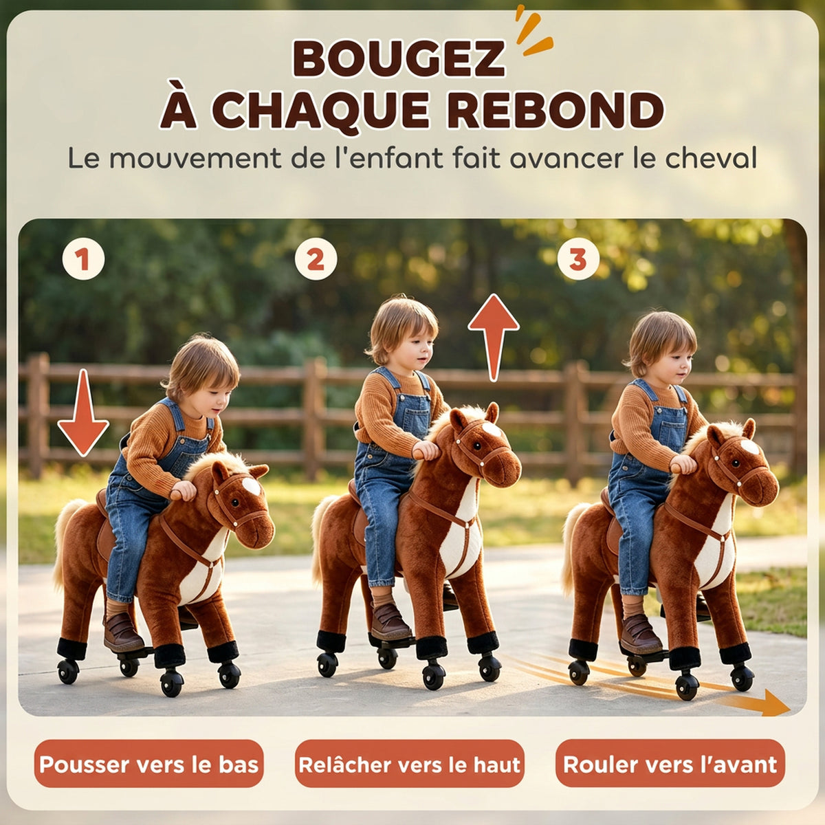 Cheval à Monter pour Enfant, Cheval à Roulettes en Peluche, Sons Réalistes, Poignée, 75 cm de Haut, Marron-5