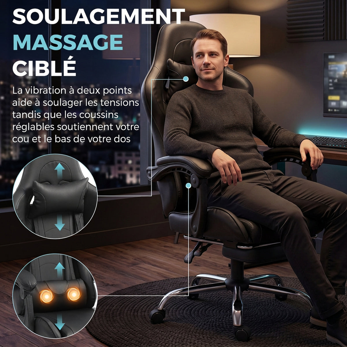 Chaise Gaming Ergonomique avec Coussin Lombaire Massant, Fauteuil Gaming Inclinable en Cuir Synthétique, Noir-3