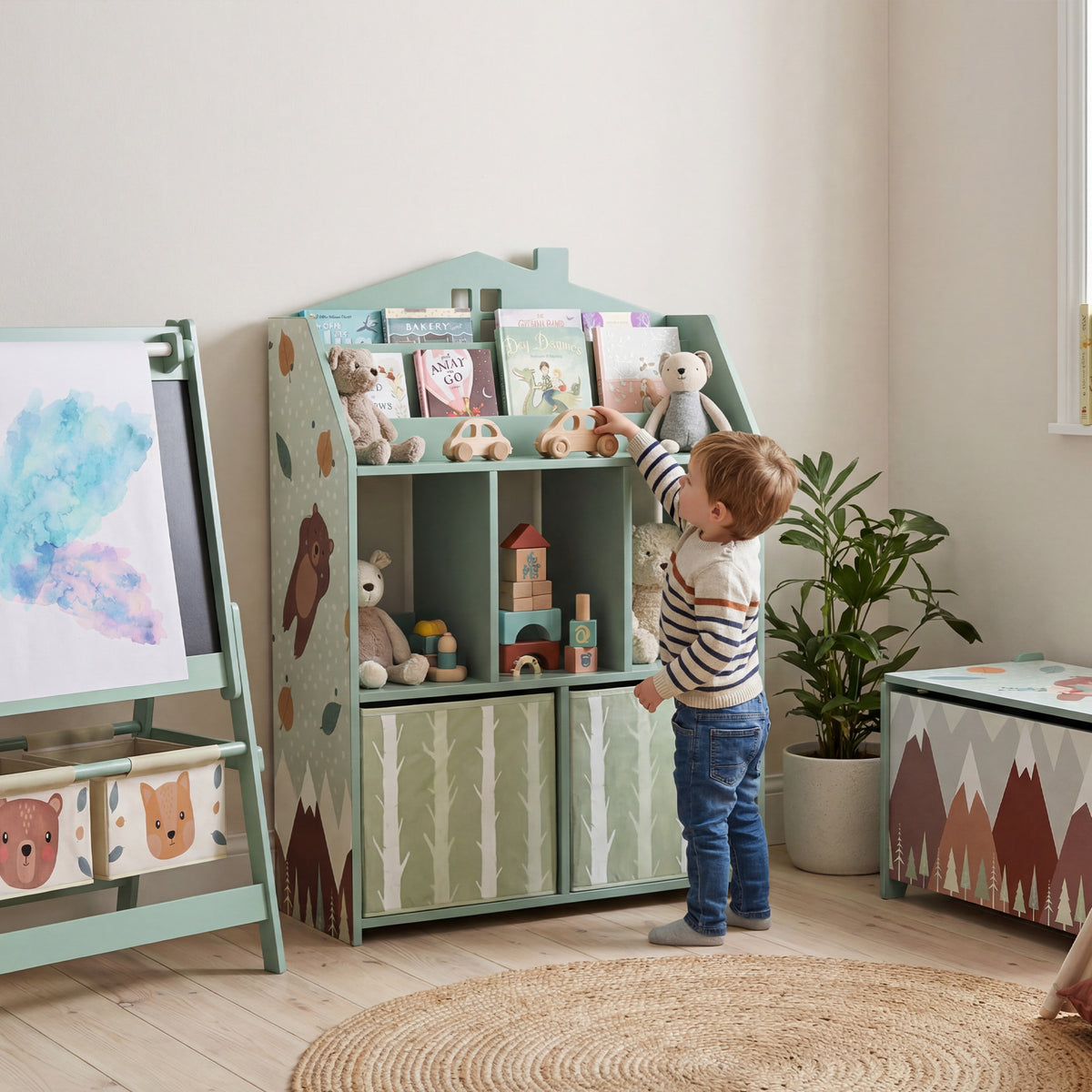 Meuble rangement enfant, bibliothèque enfants avec étagères ouvertes et 2 tiroirs en tissu, MDF, vert-1