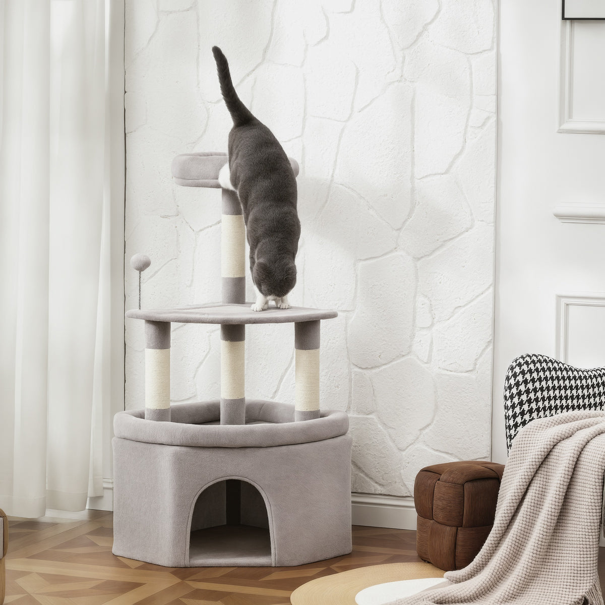 Arbre à chat tour de jeux pour chats griffoirs sisal, plate-forme, niche, tissu peluche, balles, 49x49x114cm gris clair-9