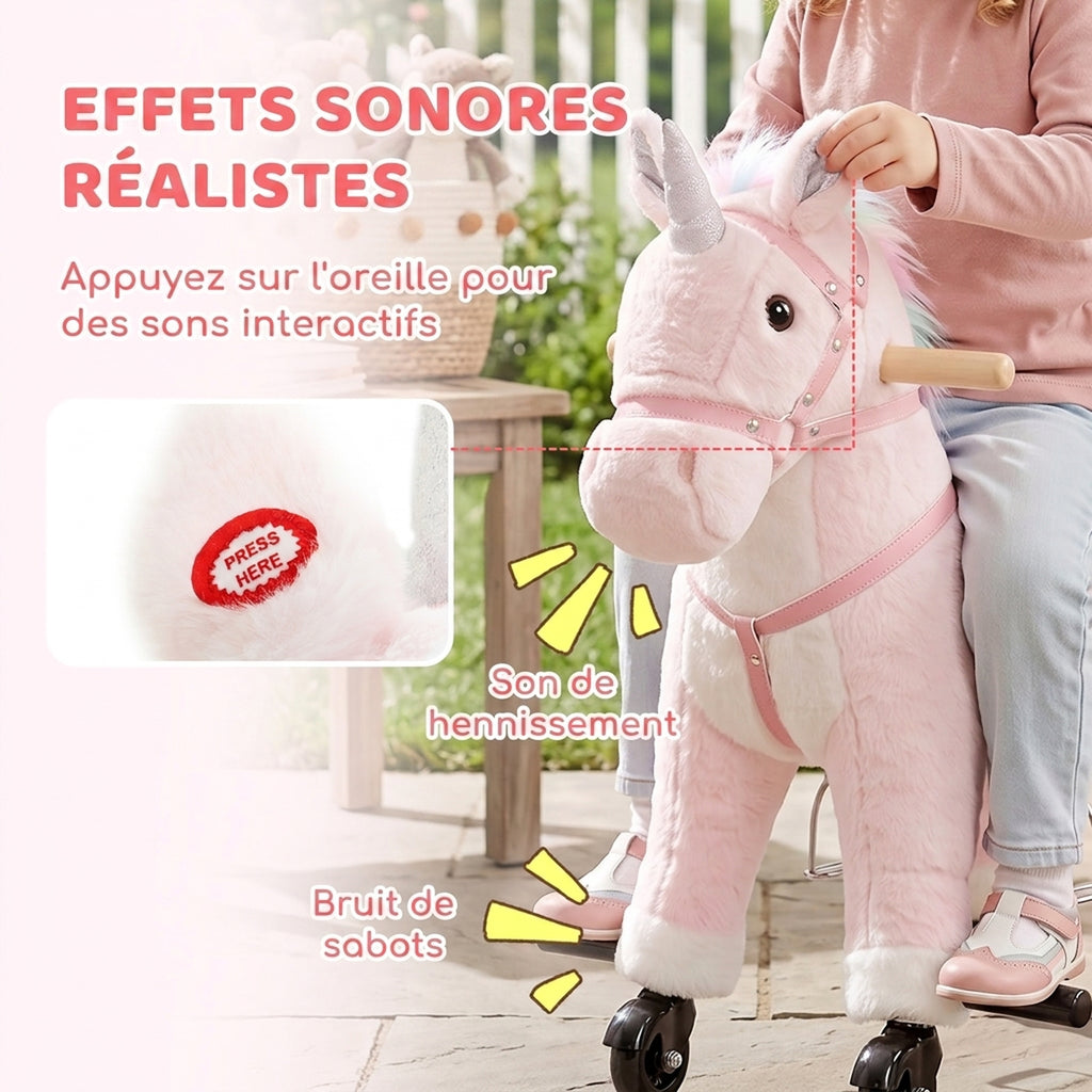 Cheval à Monter pour Enfant, Cheval à Roulettes en Peluche avec Effets Sonores, pour 1 à 3 Ans, Charge Max. 40kg, Rose-4