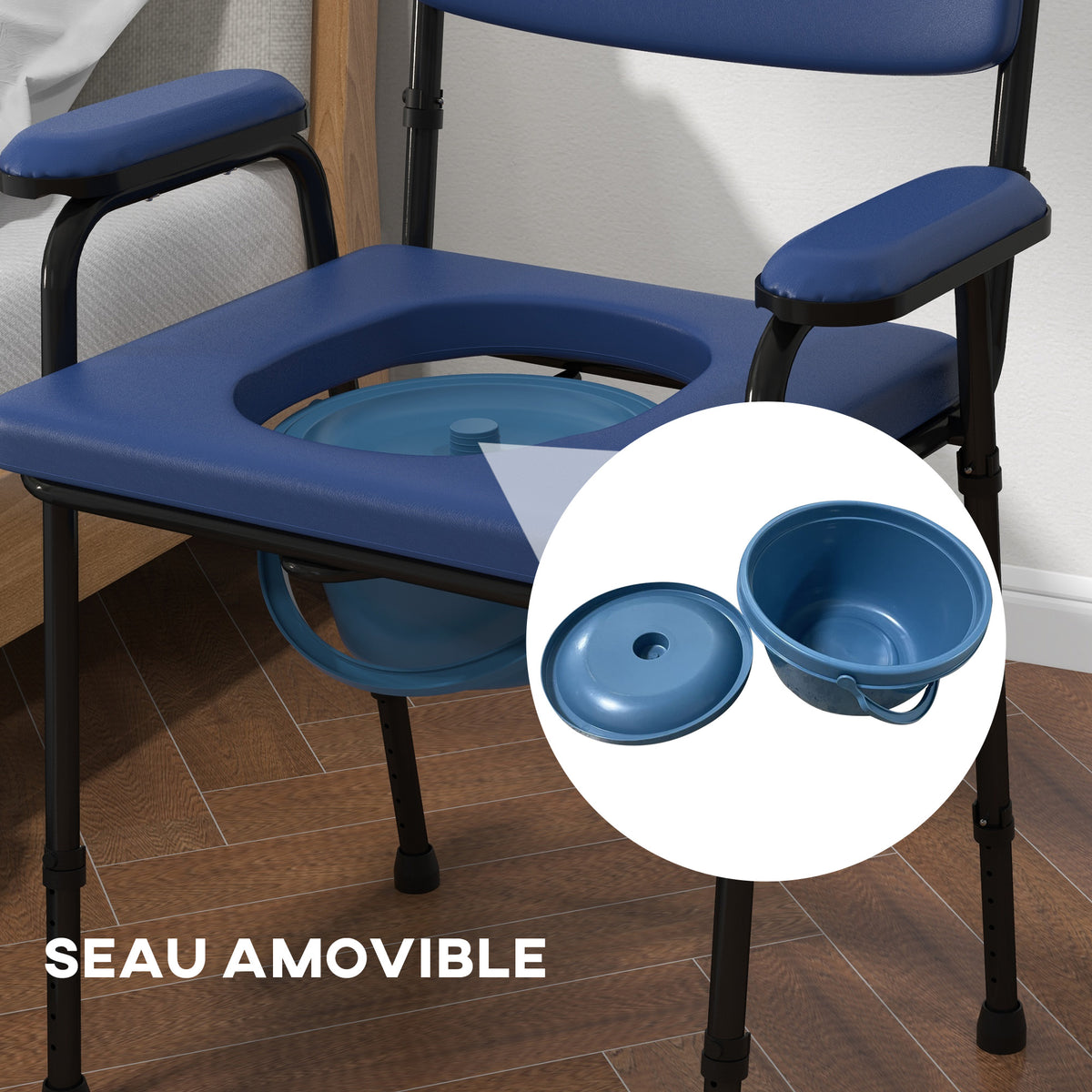 Chaise percée toilette multifonctions seau amovible hauteur réglable avec dossier siège et accoudoirs rembourrés bleu-6
