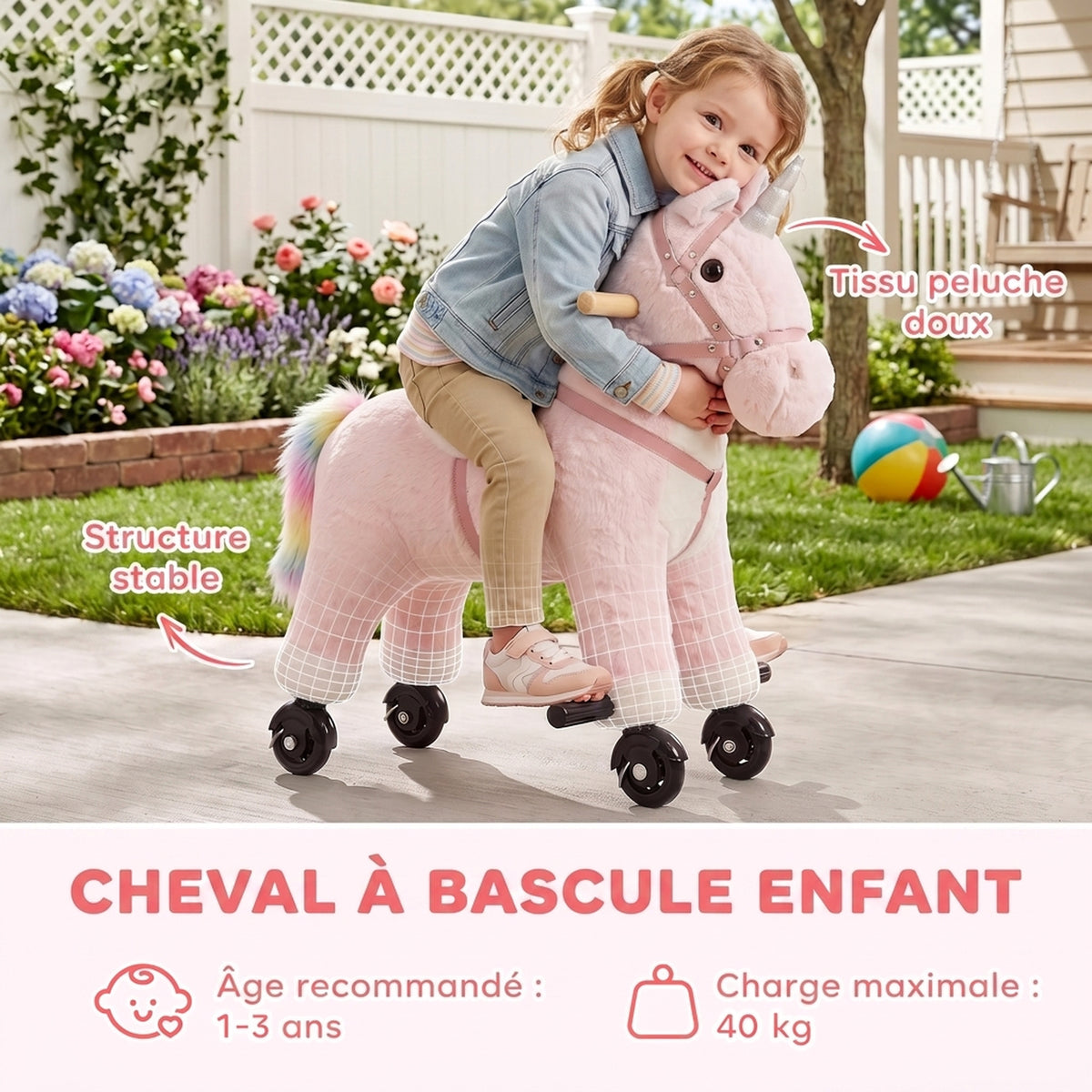 Cheval à Monter pour Enfant, Cheval à Roulettes en Peluche avec Effets Sonores, pour 1 à 3 Ans, Charge Max. 40kg, Rose-3