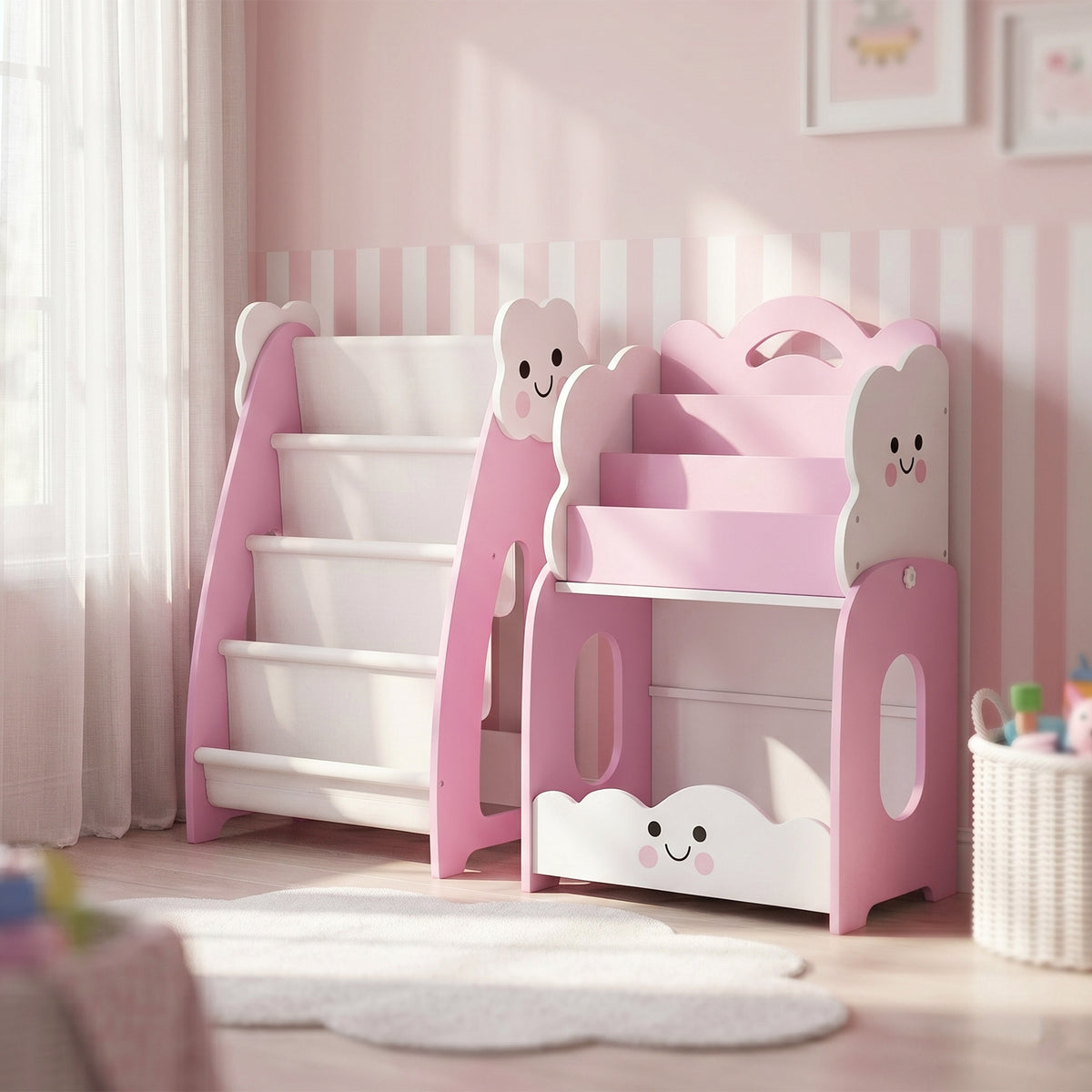 Meuble rangement enfant 3 à 8 ans, rangement jouets enfant modulaire avec porte-magazines à 4 étagères, rose-1