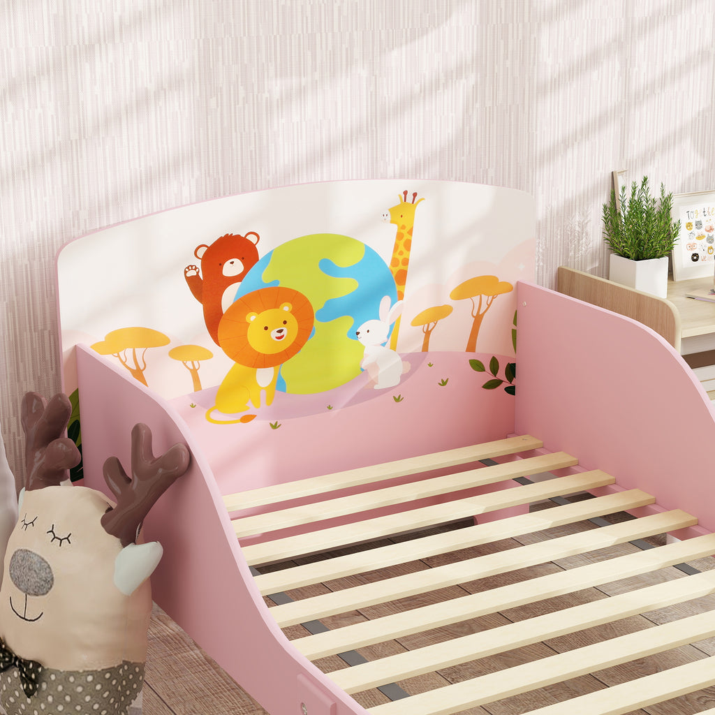 Lit Enfant 70x140 cm motif animal 140 x 70 cm avec sommier à lattes en bois design bas sécurisé rose-8