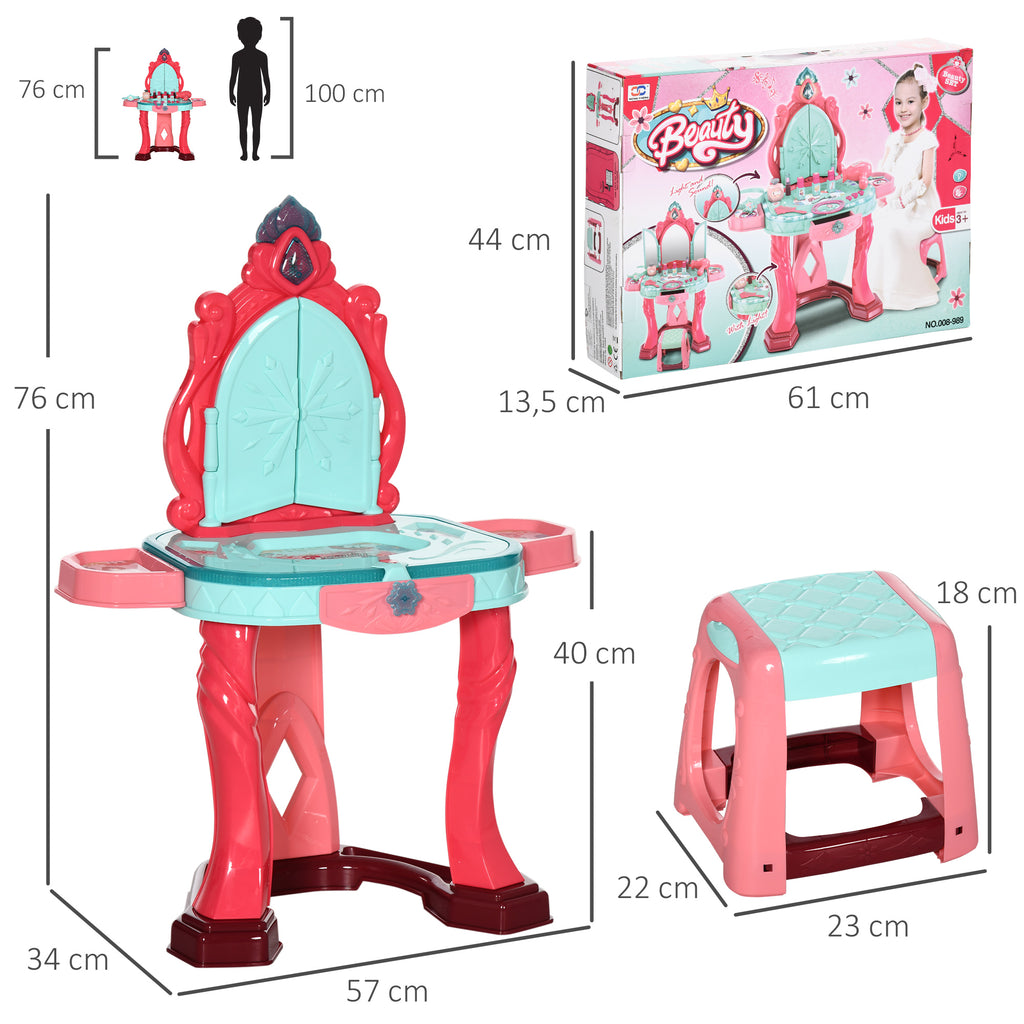 Coiffeuse Enfant Fille avec Tabouret, Miroir, Lumière, Musique, Accessoires, 3-6 Ans, 57x34x76cm, Multicolore-2