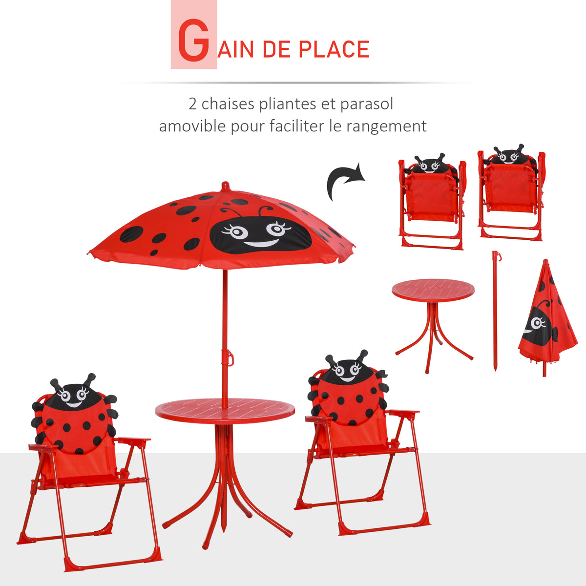 Ensemble Salon de Jardin Enfant 4 pcs Design Coccinelle - Table Ronde + 2 chaises Pliables + Parasol - métal époxy Oxford Rouge-3