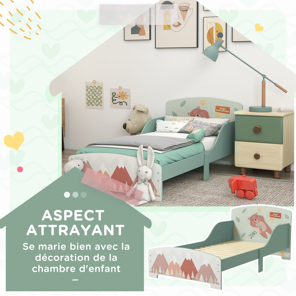 Lit pour enfant 3-6 ans avec barrières de sécurité et motifs dim. 77 x 143 x 60 cm sommier à lattes inclus - Vert-3