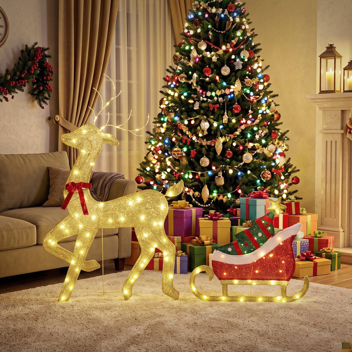 Renne et traîneau lumineux, décoration de Noël extérieure, 95 LED blanc chaud, 8 modes, minuterie quotidienne-7