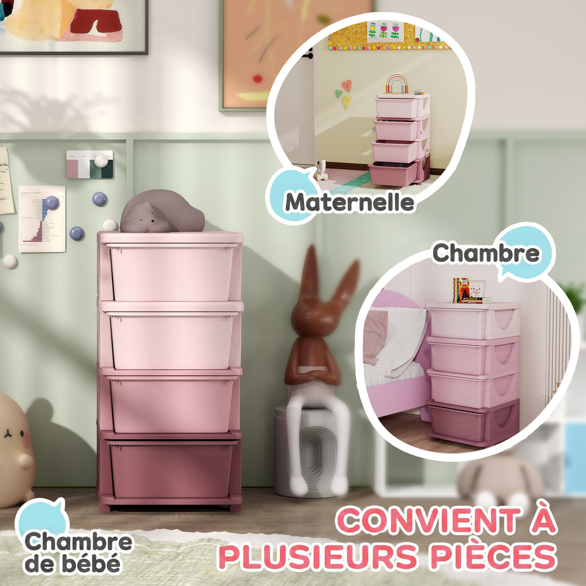 Organisateur de jouets pour enfants avec 4 tiroirs à 4 niveaux, boîtes de rangement en plastique, 37 x 37 x 76 cm, rose-5