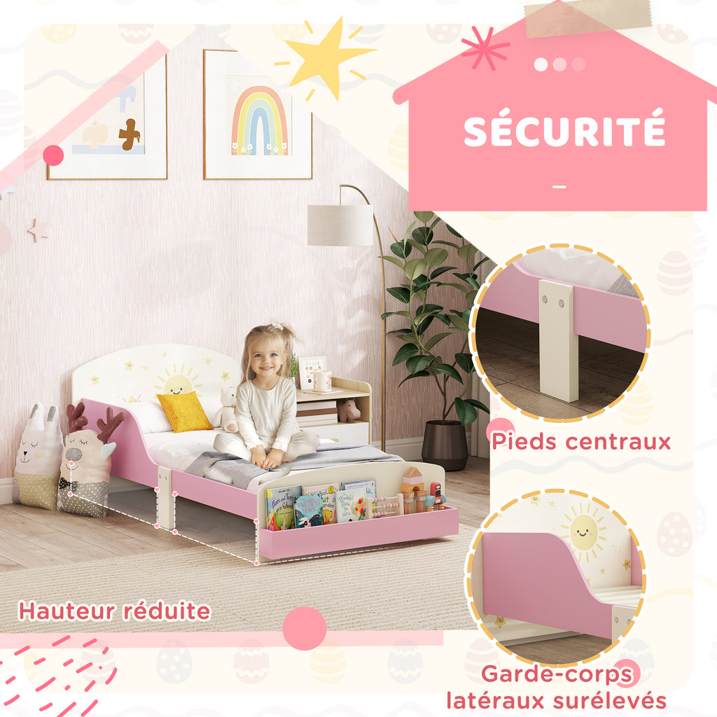 Lit enfant 70 x 140 cm, lit pour enfant avec barriere de securite et sommier à lattes, espace de rangement, rose-3