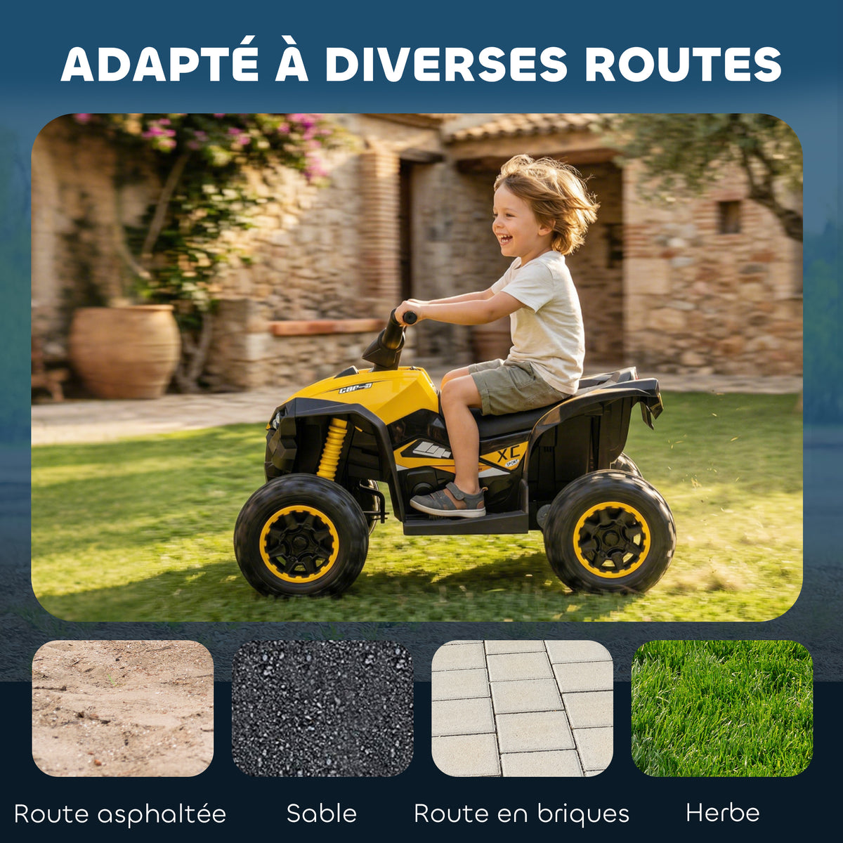 Quad électrique enfant 12 V, voiture électrique enfants 2 moteurs 2 vitesses 3-6 km/h, phares LED, klaxon, pour enfant de 3 à 5 ans, poignée et selle ergonomique, jaune-4