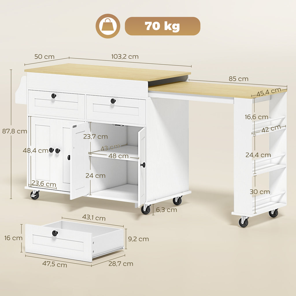 îlot central cuisine avec plateau extensible, desserte de cuisine sur roulettes avec 2 tiroirs, 4 portes, blanc-2