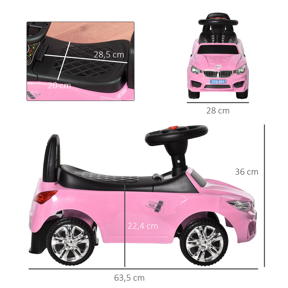 Porteur enfants voiture, véhicule à pousser avec coffre à jouets, klaxon, phares et musique, 63,5 x 28 x 36 cm, rose-2