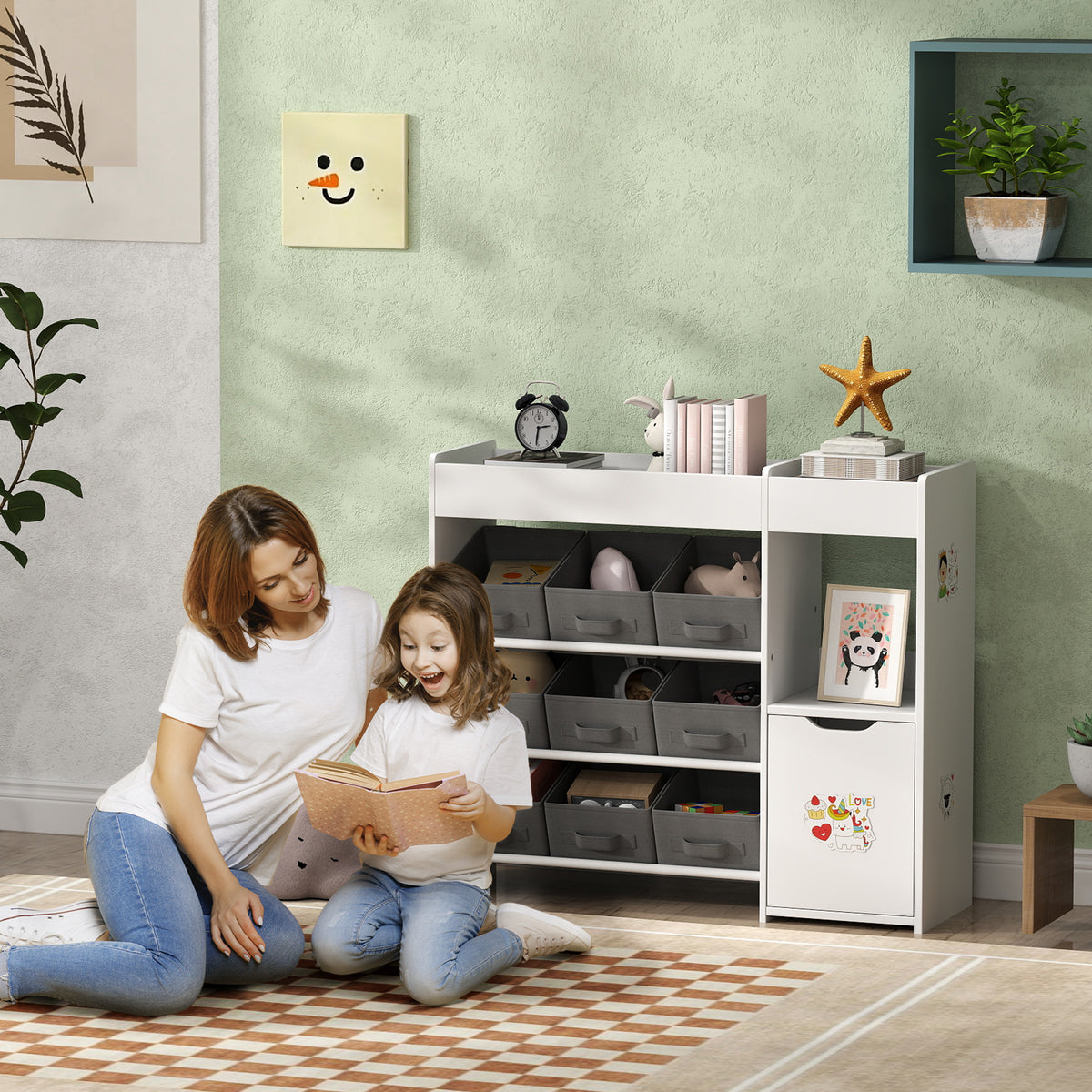 Meuble rangement enfant étagère de rangement pour jouets enfants avec 9 tiroirs en tissu et placard, blanc-1