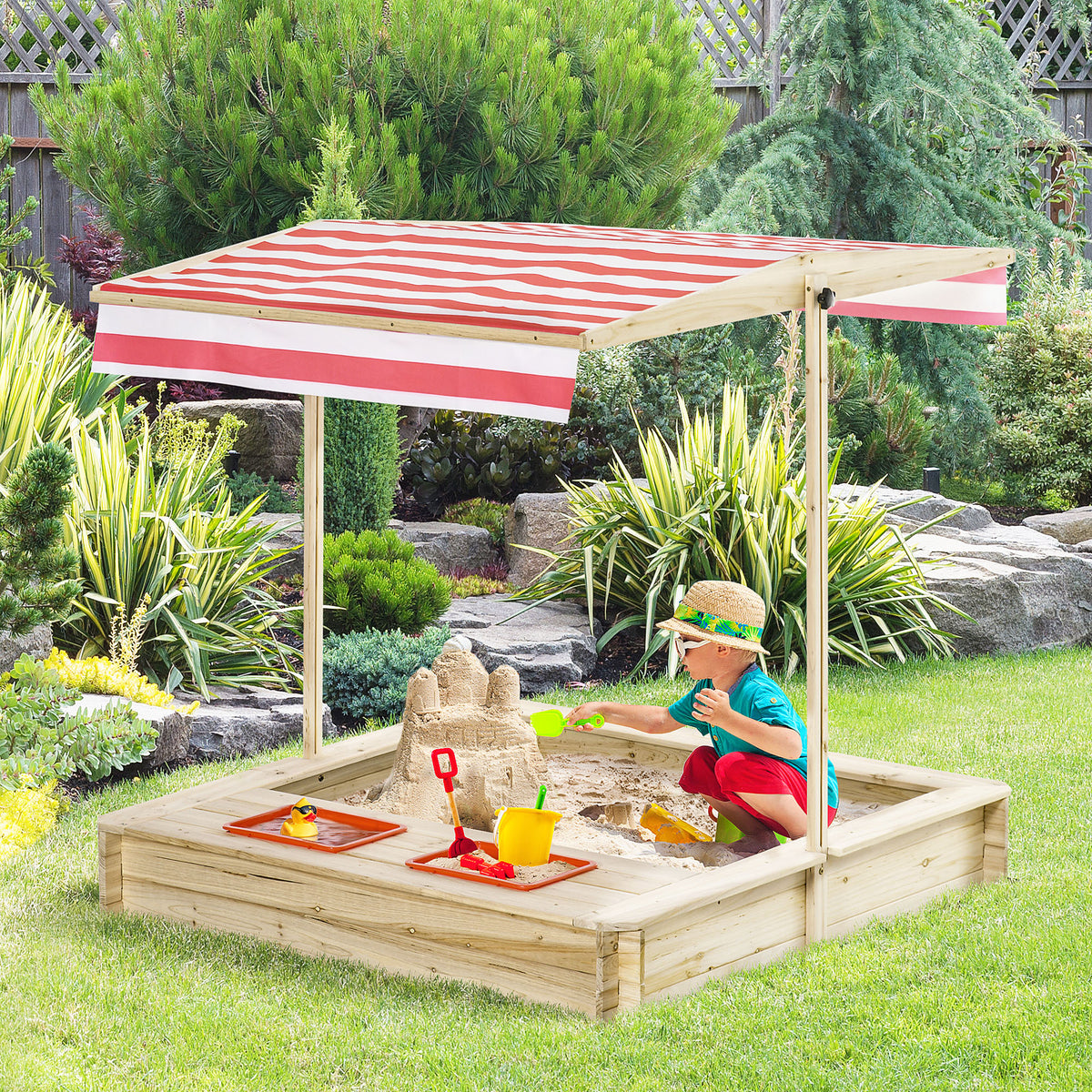 Bac à Sable Bois Sapin carré dim. 1,18 x 1,18 x 1,18 m - Hauteur, Inclinaison Toit réglables, refermable - 2 bacs-1