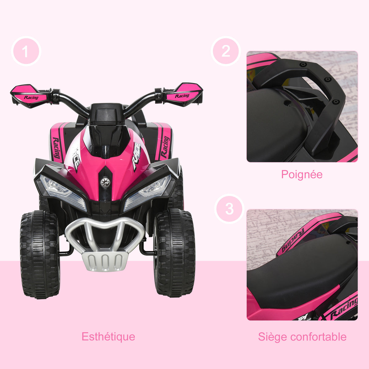 Porteur Enfants SANS Moteur Quad 18-36 Mois dim. 67L x 38l x 44H cm Effets Lumineux et sonores Rose Noir PAS ÉLECTRIQUE-5