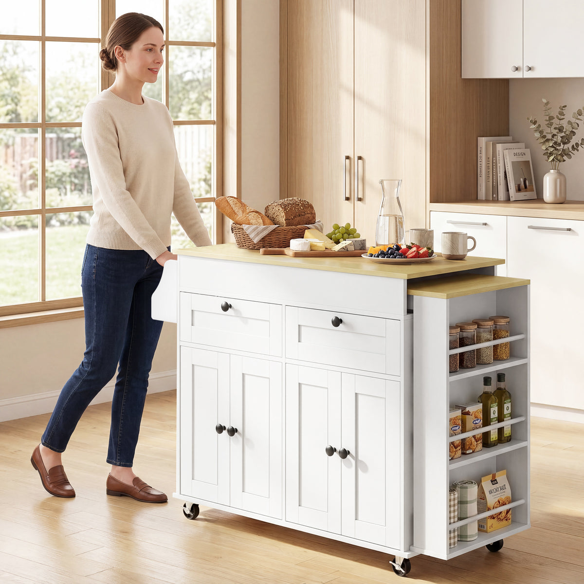 îlot central cuisine avec plateau extensible, desserte de cuisine sur roulettes avec 2 tiroirs, 4 portes, blanc-7