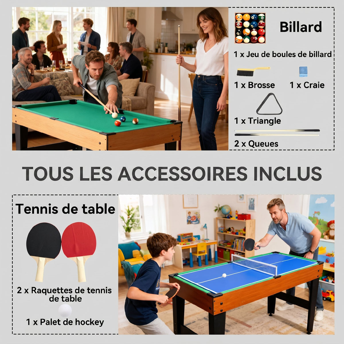 Table MultiJeux 5 en 1 Babyfoot Billard Air Hockey Ping-Pong et Basket Accessoires 134x108x144cm Marron Noyer-5