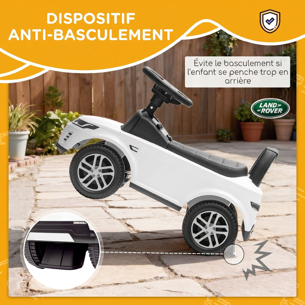 Porteur enfants voiture sous licence Land Rover, véhicule à pousser, klaxon, sons de moteur, rangement sous siège, blanc-5