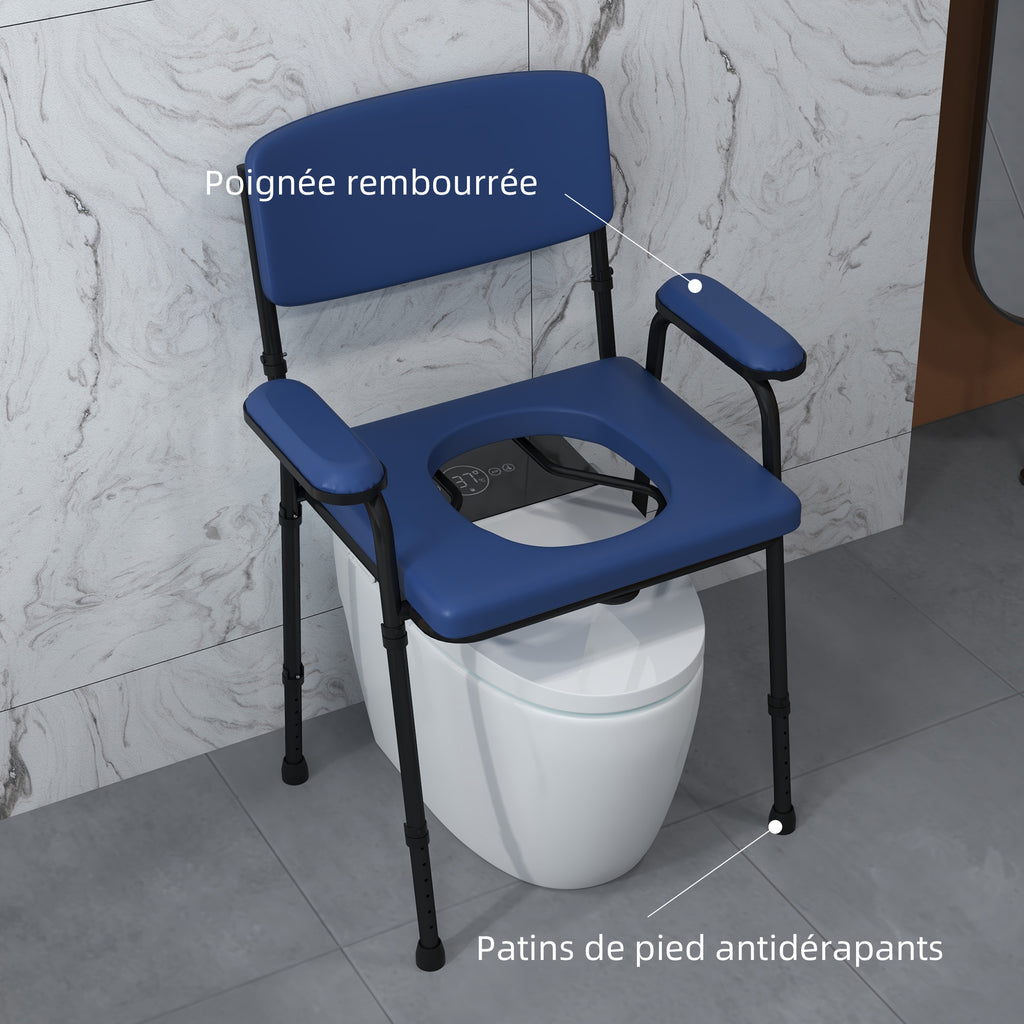 Chaise percée toilette multifonctions seau amovible hauteur réglable avec dossier siège et accoudoirs rembourrés bleu-5