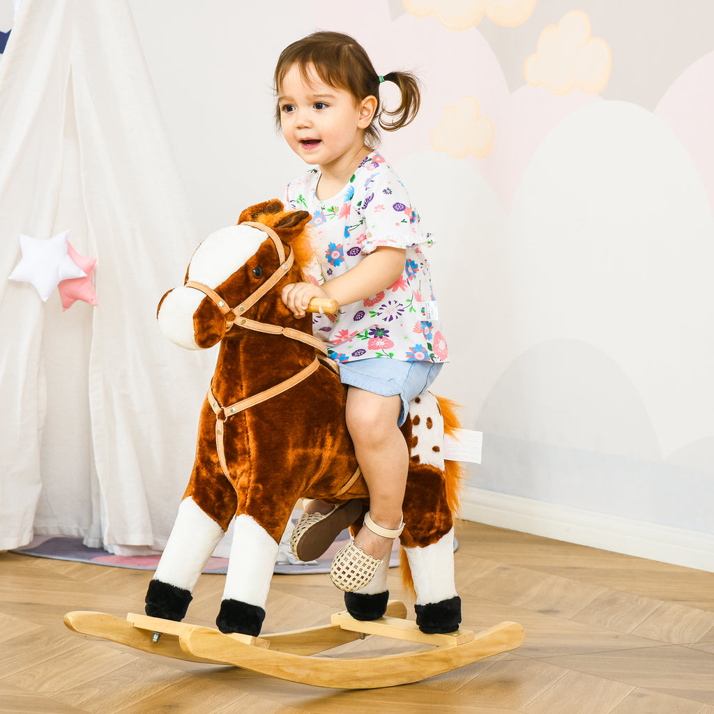 Cheval à Bascule en Bois et Peluche pour Enfant Cheval de Cowboy peluche Pour Enfants de 3-6 Ans Jouet balançoire avec Effet sonore Selle rênes Marron Blanc-1
