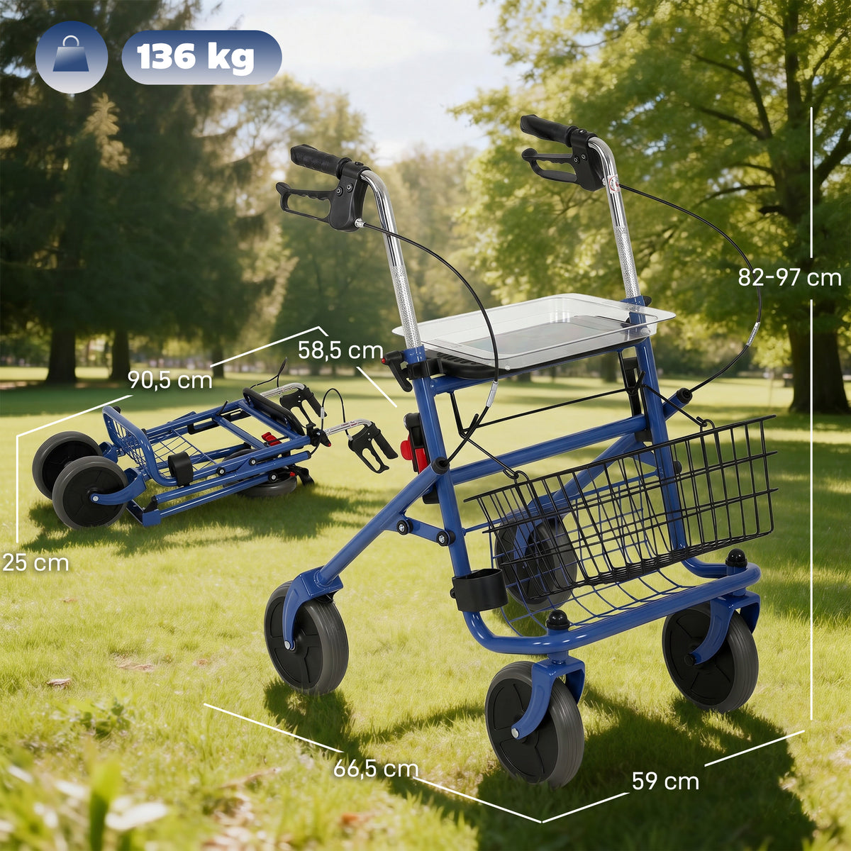 Déambulateur 4 roues pliable, rollator en acier inoxydable, siège rembourré en PU, poignée réglable, bleu-2