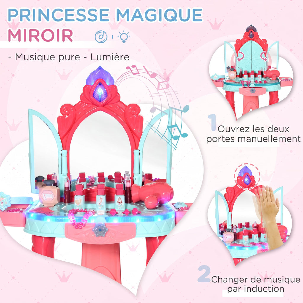 Coiffeuse Enfant Fille avec Tabouret, Miroir, Lumière, Musique, Accessoires, 3-6 Ans, 57x34x76cm, Multicolore-3