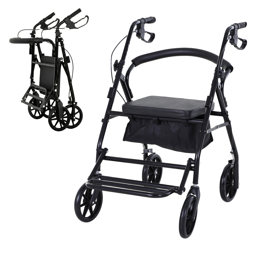 Déambulateur 4 roues - déambulateur pliable léger - assise + dossier rembourré - poignées ergonomiques, freins à main - panier rangement - cale-pied - métal noir-0