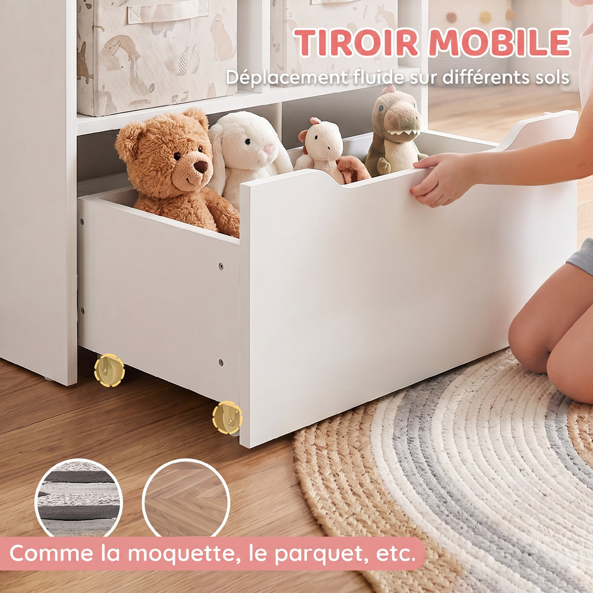 Bibliothèque étagère Multi-Rangement 3 étagères 2 niches Grand tiroir en bois Blanc-5